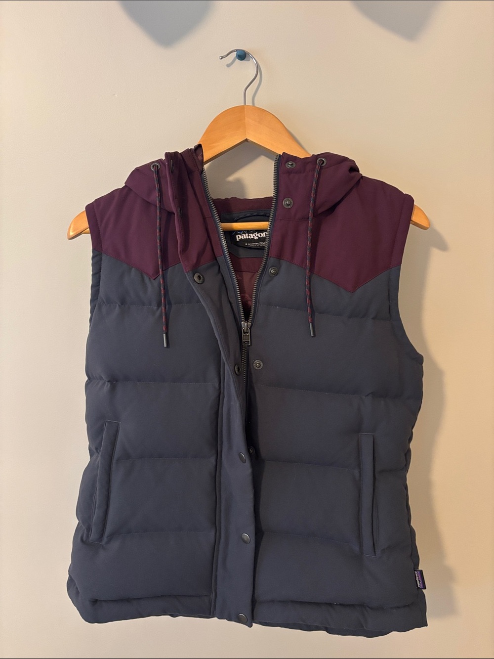 Patagonia Women’s Bivy Hooded Down Vest in Plum and Charcoal